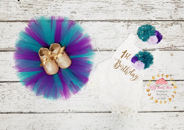 Mermaid gold 1st Birthday Outfit: Lace detailed Romper, Purple Teal Tutu, Headband