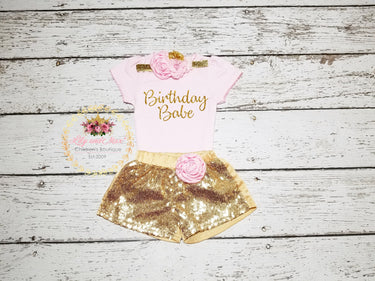 Birthday Babe Outfit: Gold Sequin Shorts, Floral Headband