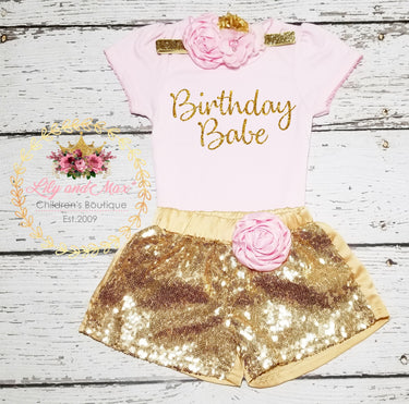 Birthday Babe Outfit: Gold Sequin Shorts, Floral Headband