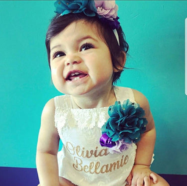 Mermaid gold 1st Birthday Outfit: Lace detailed Romper, Purple Teal Tutu, Headband