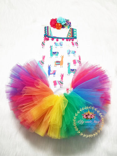 Llama 1st Birthday Outfit: Rainbow Tutu Romper Set