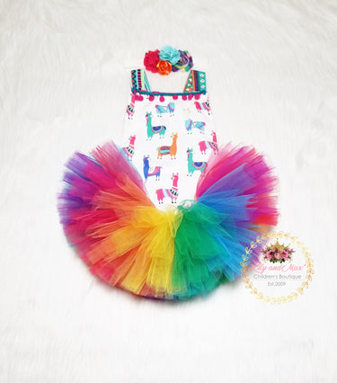 Llama 1st Birthday Outfit: Rainbow Tutu Romper Set