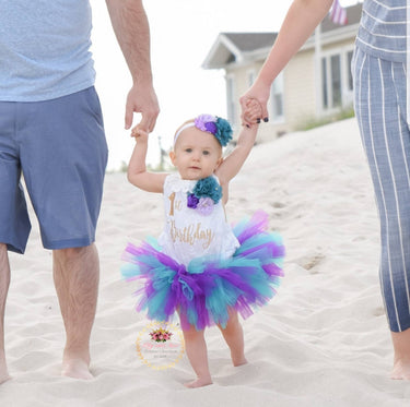 Mermaid gold 1st Birthday Outfit: Lace detailed Romper, Purple Teal Tutu, Headband