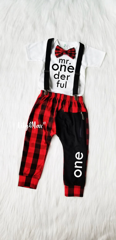 Lumberjack 1st Birthday Outfit: Buffalo Plaid Suspenders Pant Set