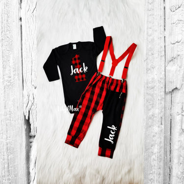 Personalized Lumberjack 1st Birthday Outfit: Buffalo Plaid Suspenders