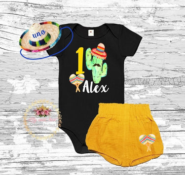 Fiesta 1st Birthday Boy Outfit: Cactus Bodysuit & Bubble Shorts