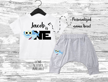 Shark 1st Birthday Outfit: Personalized Bodysuit & Harem Pants