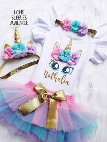 Unicorn 1st Birthday tutu Outfit, pink lavender aqua gold bloomer