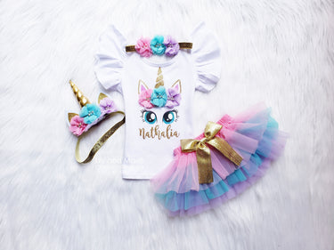 Unicorn 1st Birthday tutu Outfit, pink lavender aqua gold bloomer