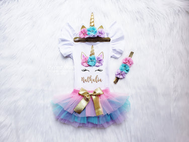 Personalized Unicorn Birthday Outfit: Tutu Bloomer Set with Flower Headband