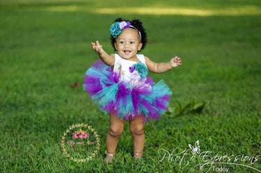 Mermaid gold 1st Birthday Outfit: Lace detailed Romper, Purple Teal Tutu, Headband