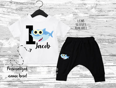 Shark Birthday Boy Outfit: Personalized Bodysuit & Harem Pants Set