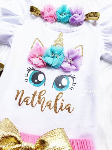 Unicorn 1st Birthday tutu Outfit, pink lavender aqua gold bloomer