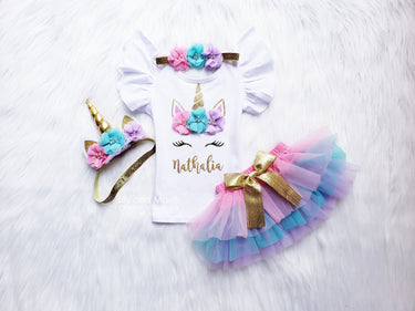 Personalized Unicorn Birthday Outfit: Tutu Bloomer Set with Flower Headband