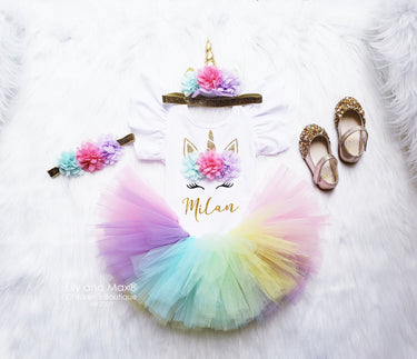 Unicorn Birthday Outfit: Gold Glitter Tutu Set with Headband