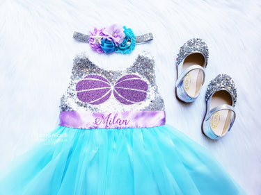 Mermaid Birthday Outfit: Shell Sequin top blue Tutu Dress & Starfish Headband