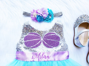 Mermaid Birthday Outfit: Shell Sequin top blue Tutu Dress & Starfish Headband