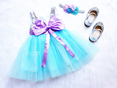 Mermaid Birthday Outfit: Shell Sequin top blue Tutu Dress & Starfish Headband