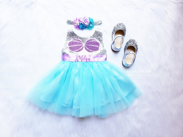 Mermaid Birthday Outfit: Shell Sequin top blue Tutu Dress & Starfish Headband