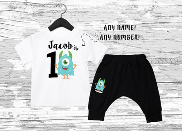Monster Birthday Boy Outfit: Personalized Bodysuit & Harem Pants Set