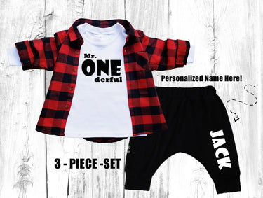 Lumberjack 1st Birthday Outfit: Buffalo Plaid Set, Mr. ONEderful, black pants personalized,  Christmas, fall