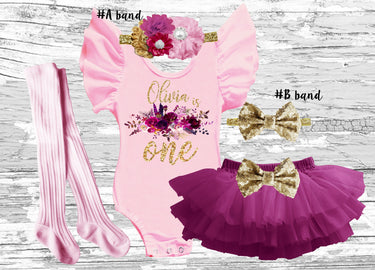 Floral 1st Birthday Girl Outfit: Tutu Bloomer Set, Leotard, Headband