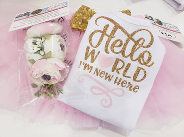 Newborn Girl Outfit: "Hello World" Leotard, Tutu Bloomer, Floral Headband