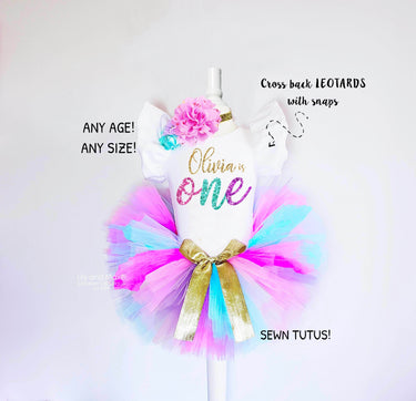 Unicorn 1st Birthday Outfit: Gold Glitter Leotard, Sewn Tutu, Headband