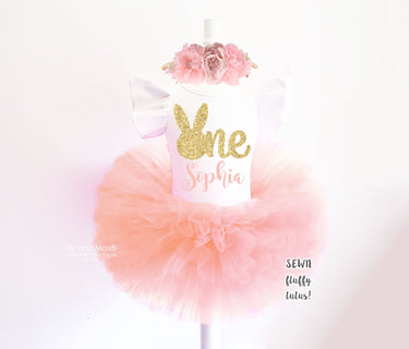 Peach Bunny Tutu Outfit: Gold Glitter First Birthday, Easter