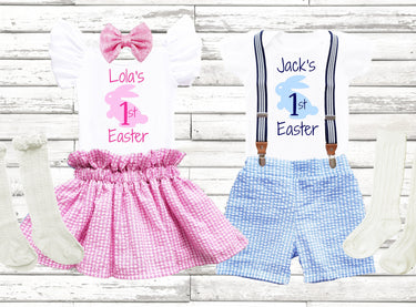 Personalized Bunny 1st Easter Seersucker Outfit: Baby Bodysuit, Skirt & Shorts Set