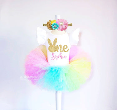 1st Easter Outfit: Rainbow Tutu, Gold Bunny Leotard, Flower Headband