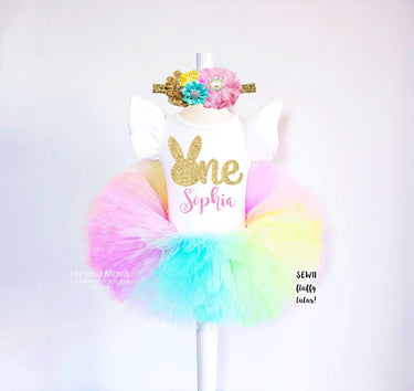 1st Easter Outfit: Rainbow Tutu, Gold Bunny Leotard, Flower Headband