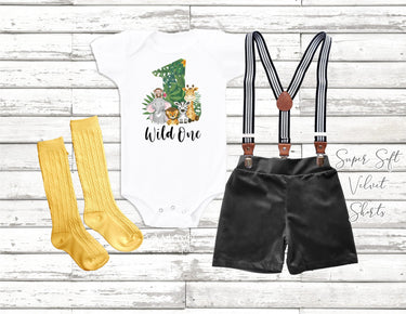 1ST birthday BOY Outfit wild one jungle 1st birthday boy suspender gold black velvet short ,boy birthday bodysuit,safari jungle boy outfit