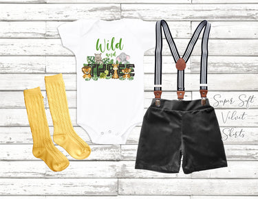 Wild Three 3rd Birthday Outfit: Jungle Safari Boy Velvet Shorts & Suspenders