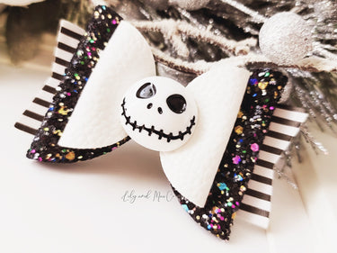 Girls Halloween Skeleton Bow Clip: Glitter Hair Accessory