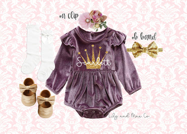 Personalized 1st Birthday Velvet Romper Outfit: Gold Crown, Sequin Headband
