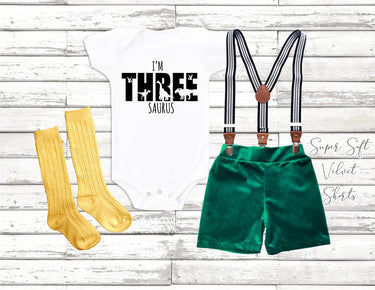 3rd Birthday Boy Outfit: Dinosaur Bodysuit, Velvet Shorts & Suspenders