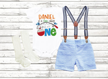 O-FISH-ALLY One Birthday Outfit: Seersucker Shorts, Suspenders & Personalized Bodysuit
