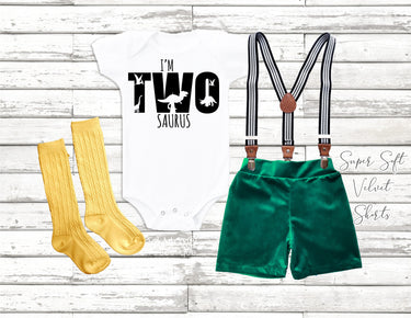 2nd Birthday Boy Outfit: "I'm TWO Saurus" Bodysuit, Velvet Shorts & Suspenders
