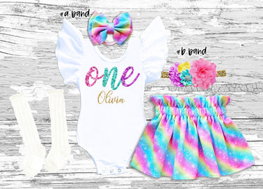Rainbow 1st Birthday Outfit, Leotard and Skirt Set
