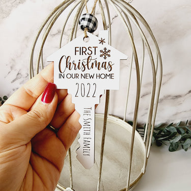 First Christmas in New Home Ornament 2022, Laser Engraved Wood Key