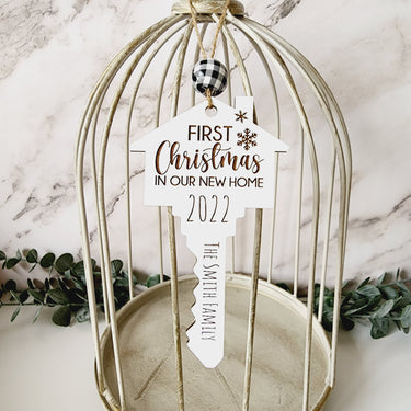 First Christmas in New Home Ornament 2022, Laser Engraved Wood Key