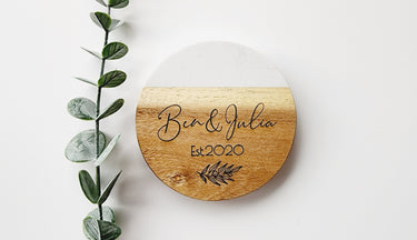 Engraved Marble Wood Coasters, Personalized Wedding Gift