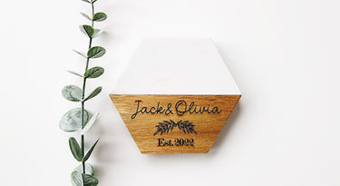 Engraved Marble Wood Coasters, Personalized Wedding Gift
