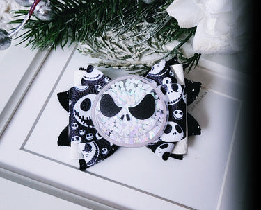 Jack Hair Bow Clip: Halloween Skeleton Shaker Glitter Bow