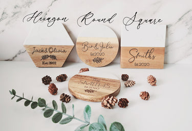 Engraved Marble Wood Coasters, Personalized Wedding Gift