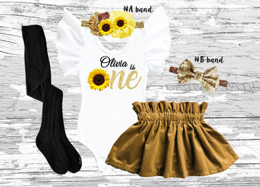Personalized Sunflower Birthday Outfit: Velvet Skirt Set, Leotard & Headband
