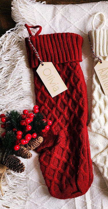 Personalized Knit Christmas Stocking: Farmhouse Decor with Laser Cut Name Tag