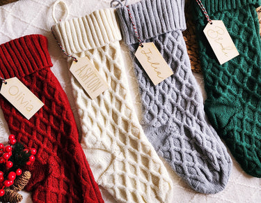 Personalized Knit Christmas Stocking: Farmhouse Decor with Laser Cut Name Tag