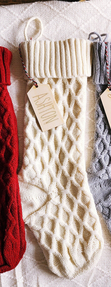 Personalized Knit Christmas Stocking: Farmhouse Decor with Laser Cut Name Tag